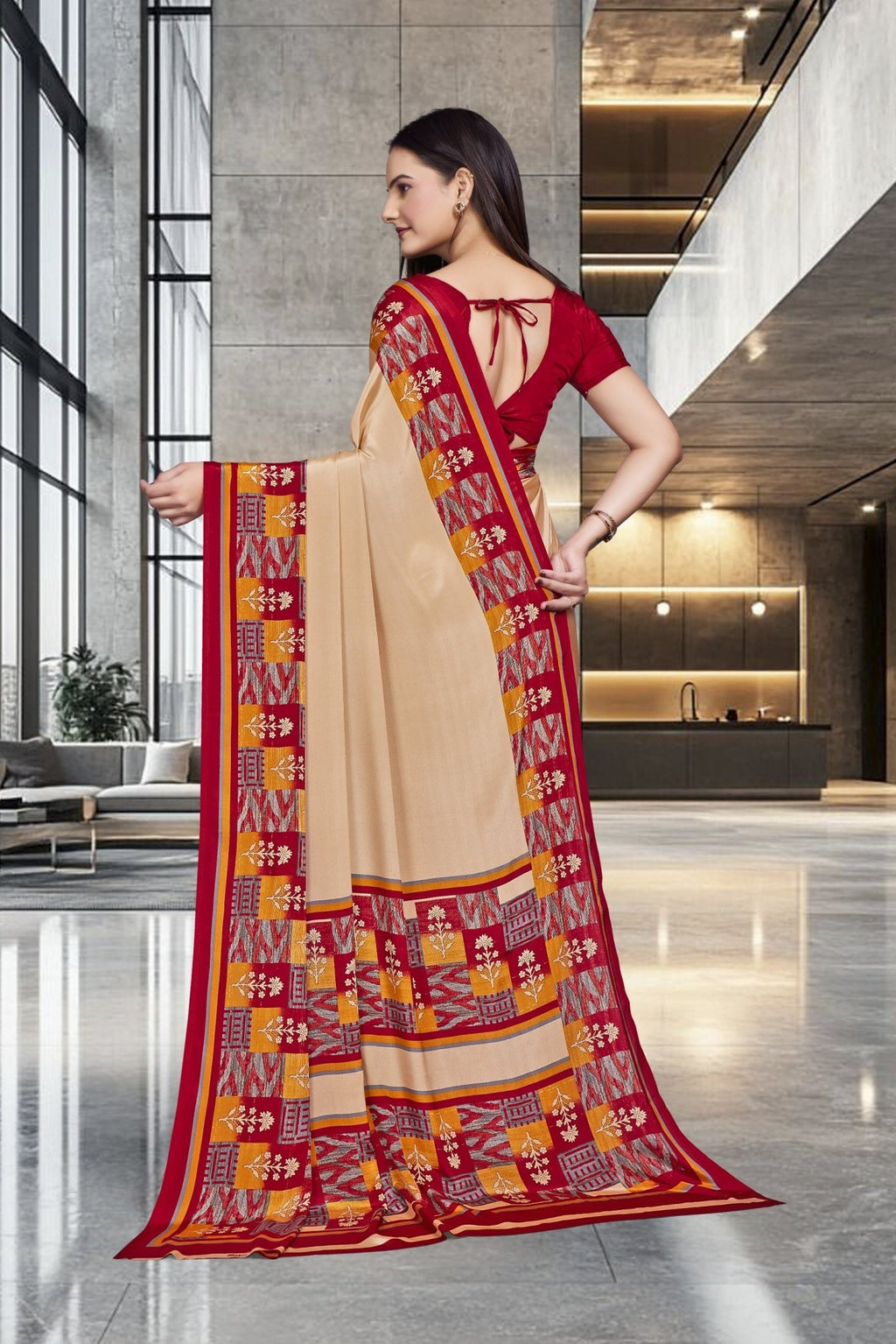 Beige Crepe School Uniform Saree for Teachers - FeministaCrepe