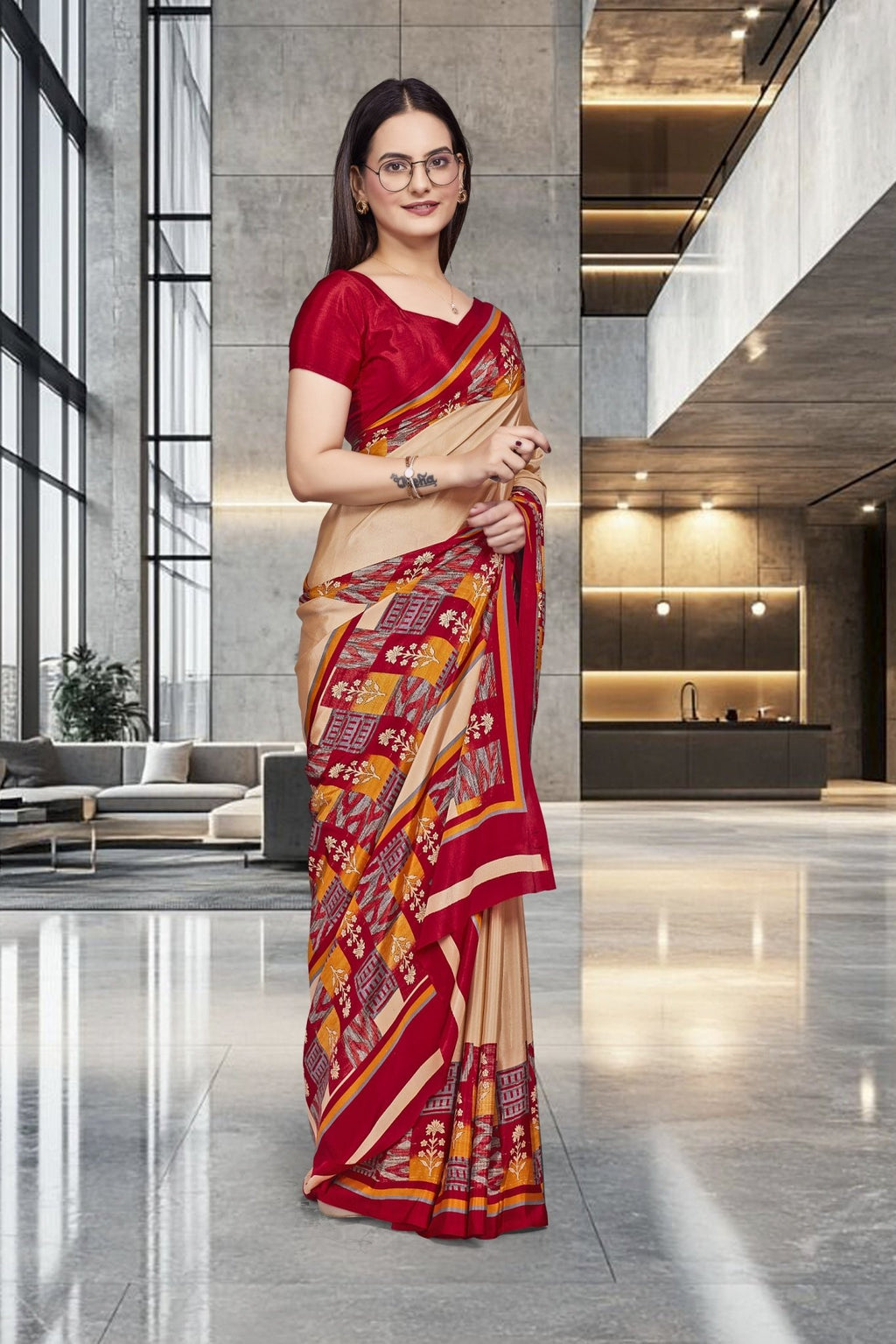 Beige Crepe School Uniform Saree for Teachers - FeministaCrepe