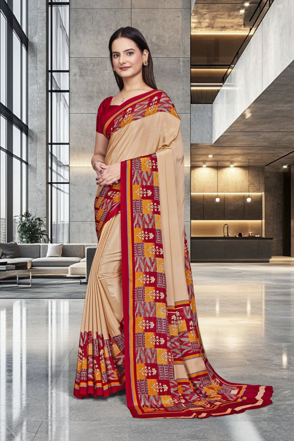 Beige Crepe School Uniform Saree for Teachers - FeministaCrepe