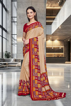 Beige Crepe School Uniform Saree for Teachers - FeministaCrepe