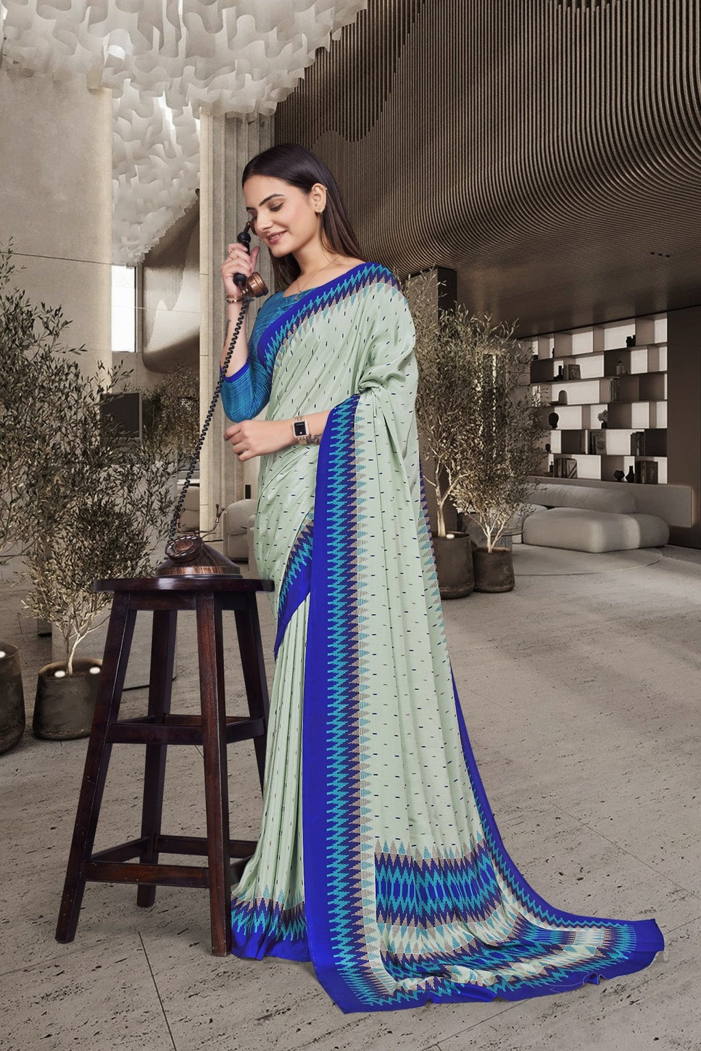 Light Green Crepe Front Office Uniform Saree - FeministaCrepe