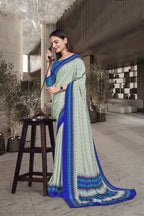 Light Green Crepe Front Office Uniform Saree - FeministaCrepe