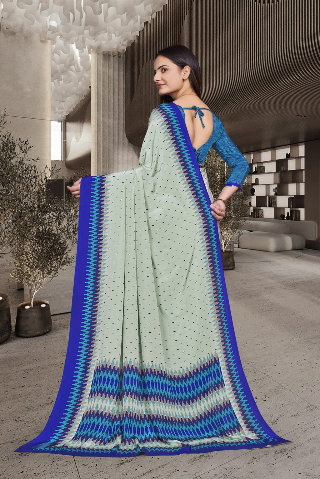 Light Green Crepe Front Office Uniform Saree - FeministaCrepe