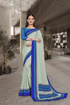 Light Green Crepe Front Office Uniform Saree - FeministaCrepe