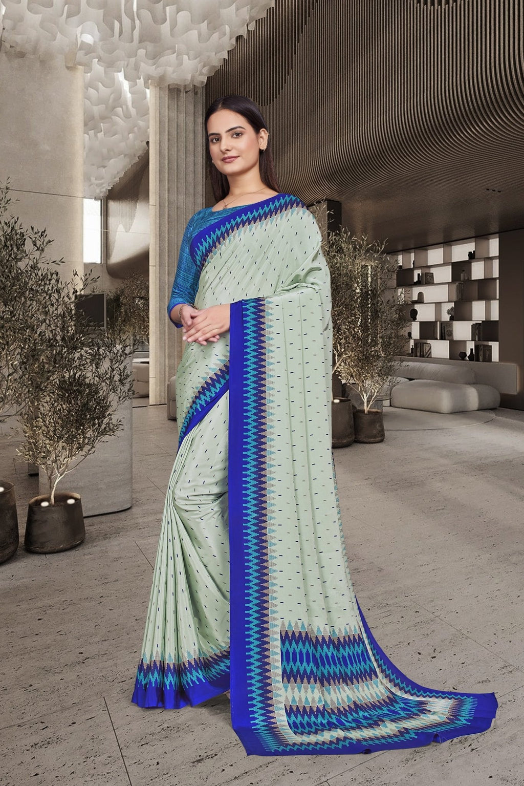 Light Green Crepe Front Office Uniform Saree - FeministaCrepe