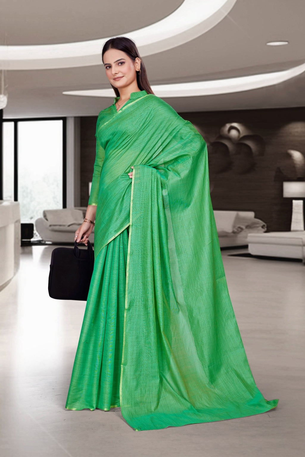 Green Cotton Silk Workplace Uniform Saree - FeministaCotton Silk