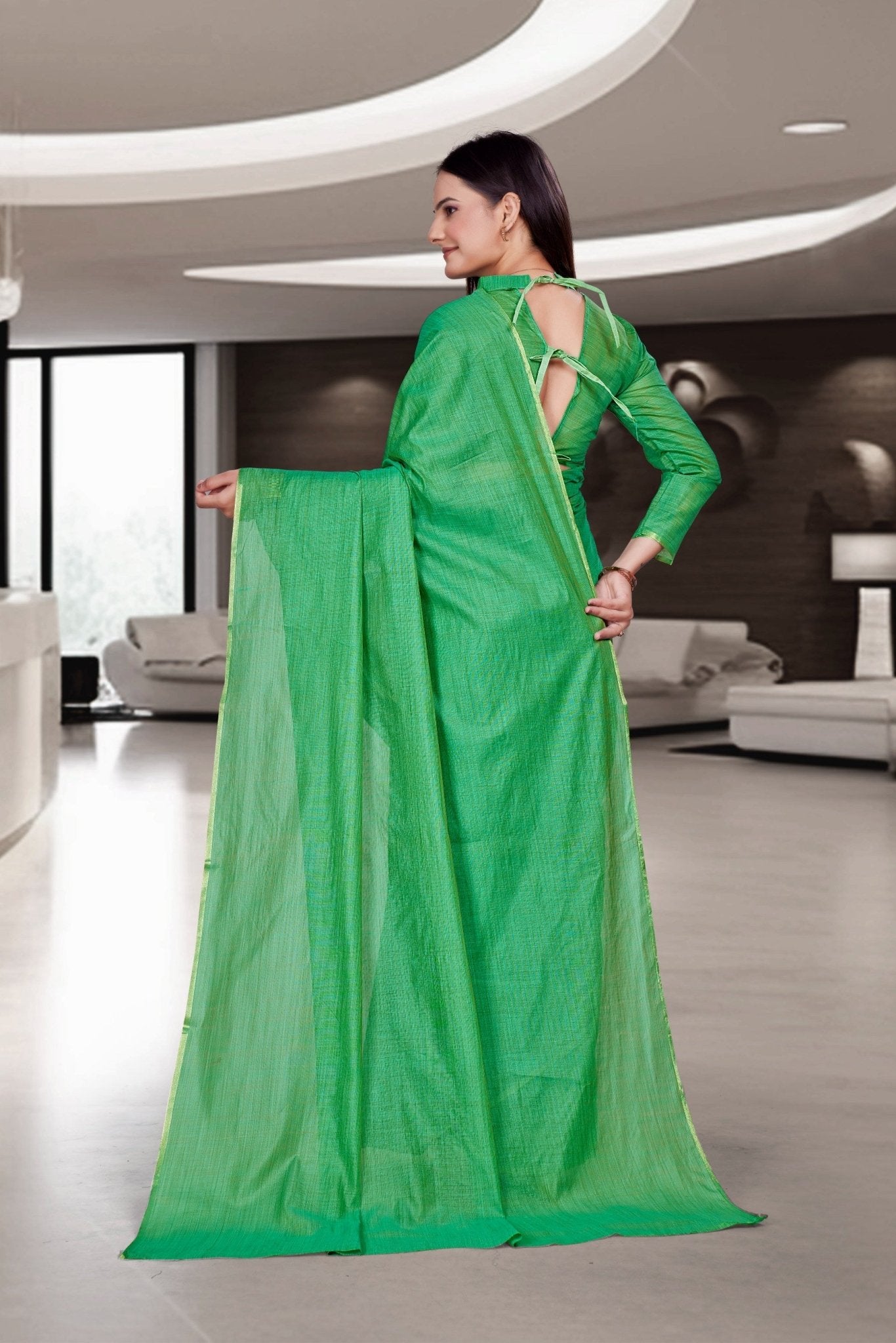 Green Cotton Silk Workplace Uniform Saree - FeministaCotton Silk