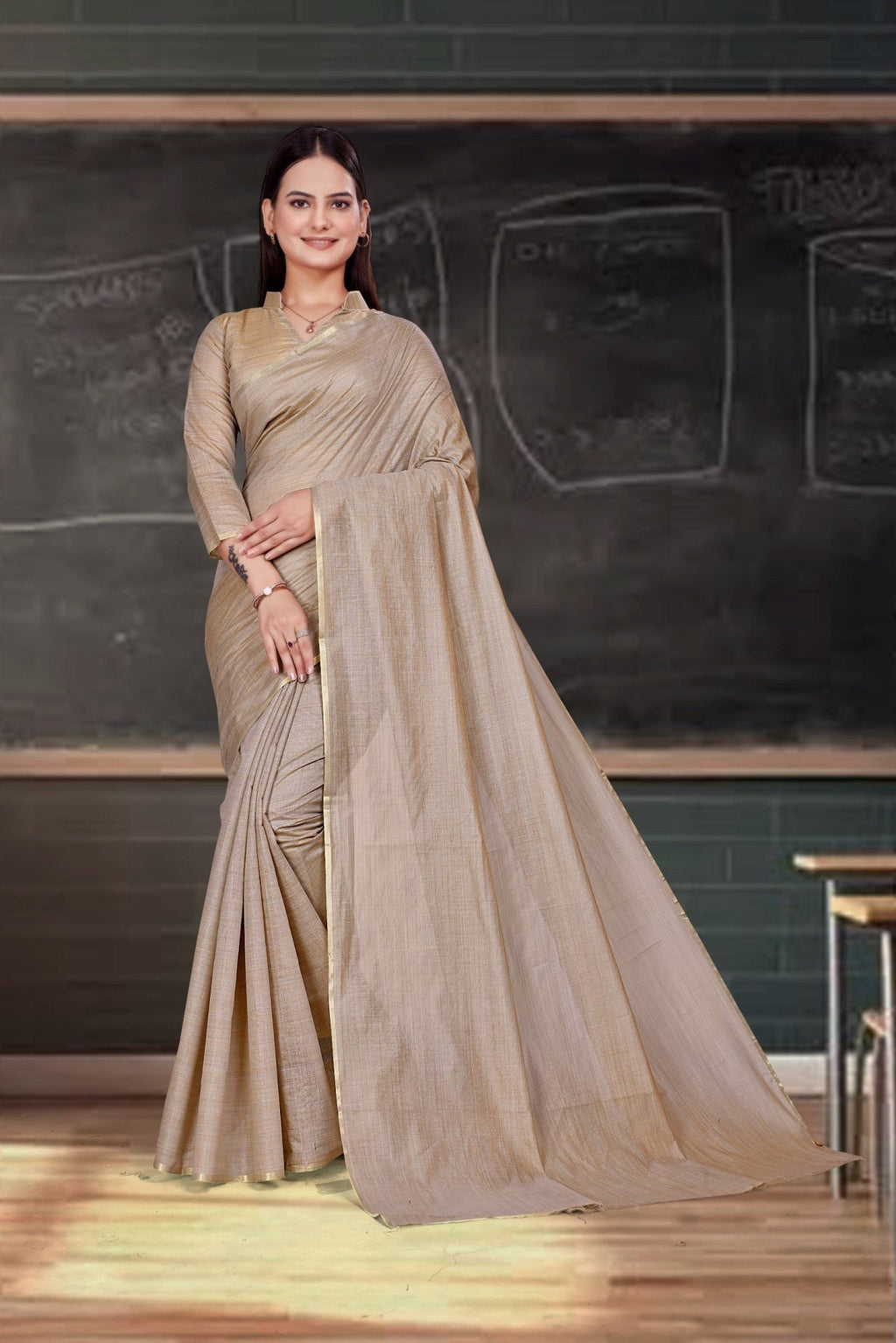 Beige Cotton Silk Staff Professional Saree - FeministaCotton Silk