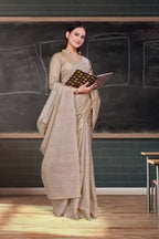 Beige Cotton Silk Staff Professional Saree - FeministaCotton Silk
