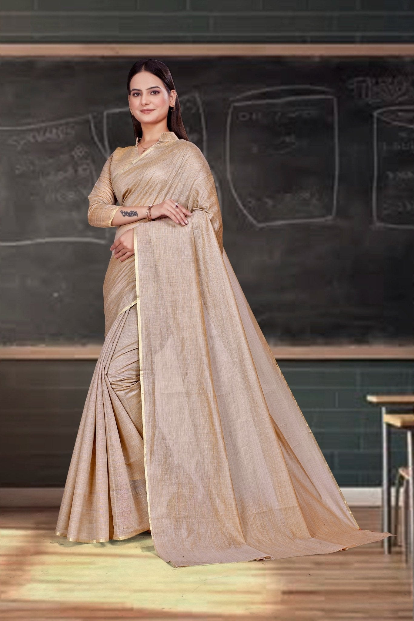 Beige Cotton Silk Staff Professional Saree - FeministaCotton Silk