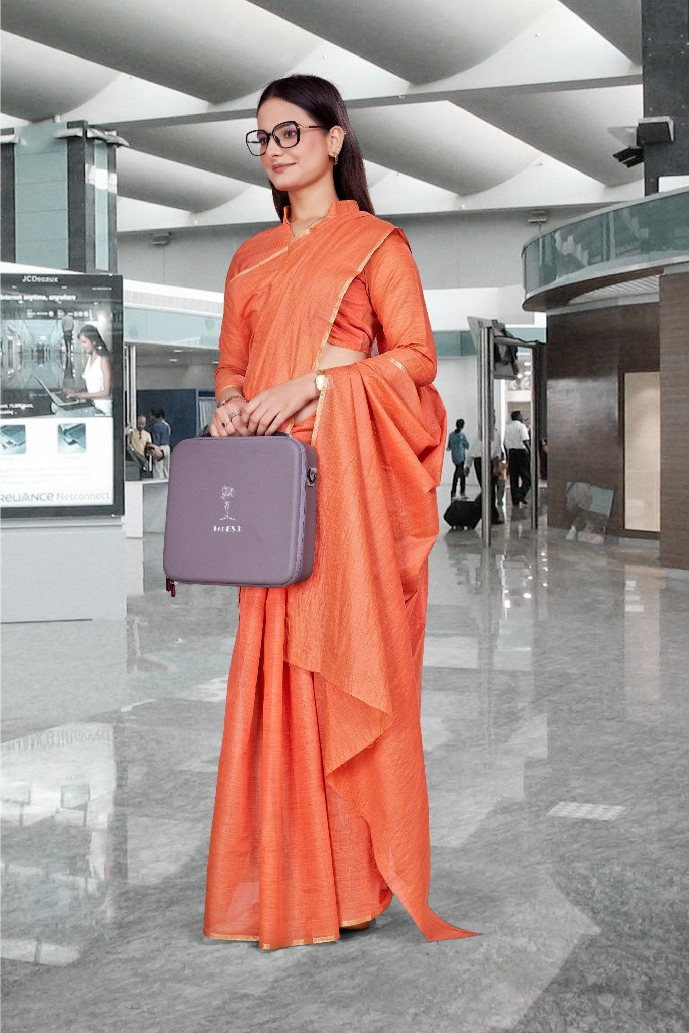 Orange Cotton Silk Workplace Uniform Saree - FeministaCotton Silk
