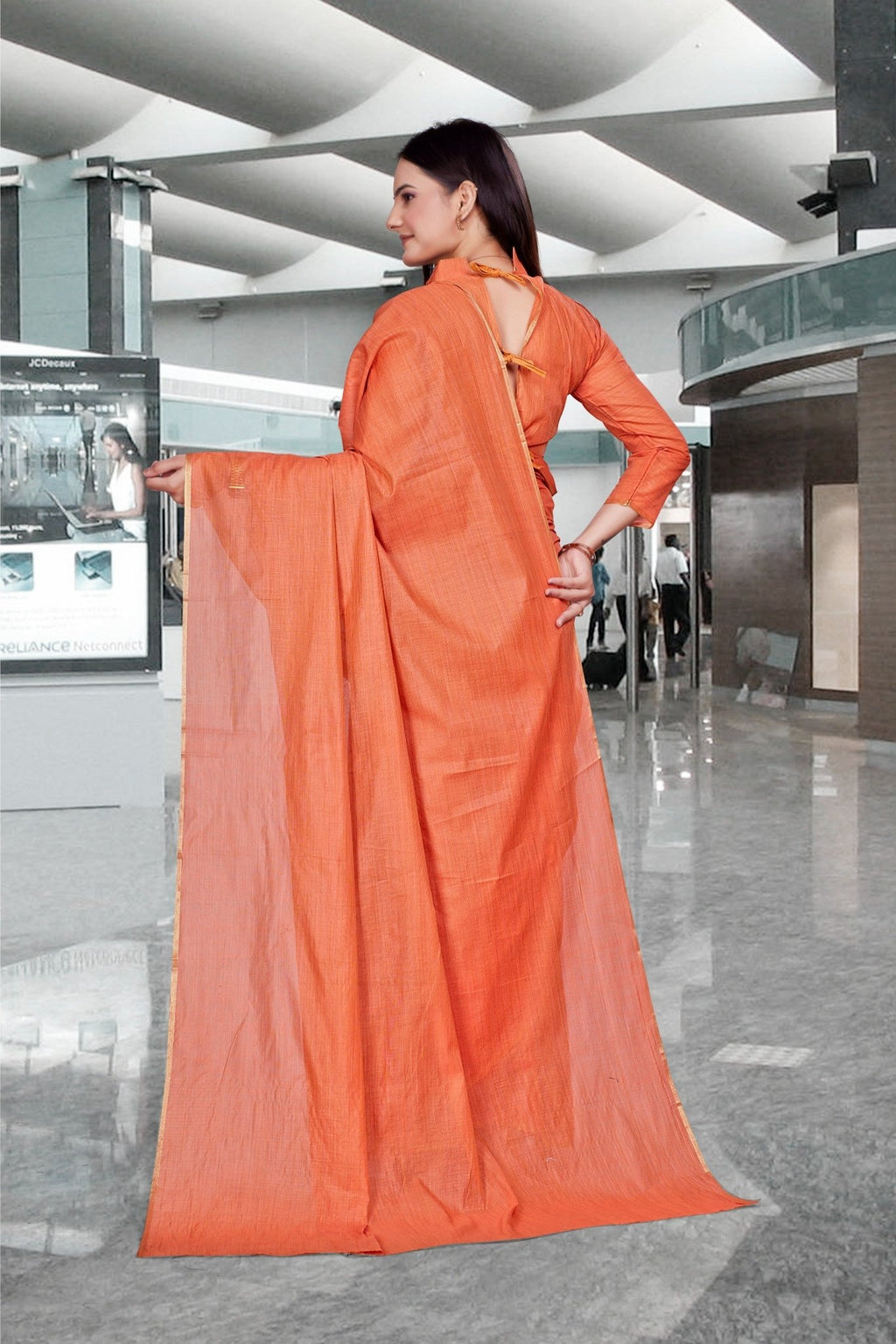 Orange Cotton Silk Workplace Uniform Saree - FeministaCotton Silk