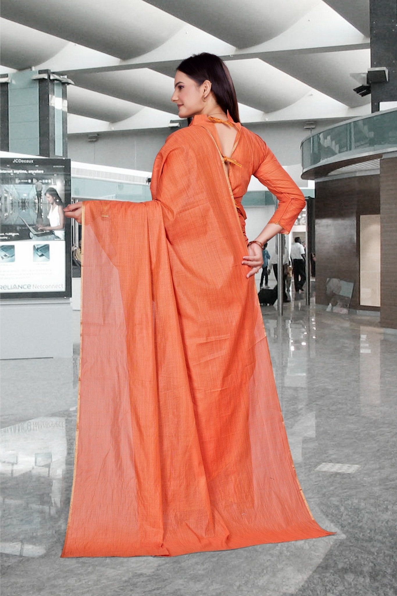 Orange Cotton Silk Workplace Uniform Saree - FeministaCotton Silk