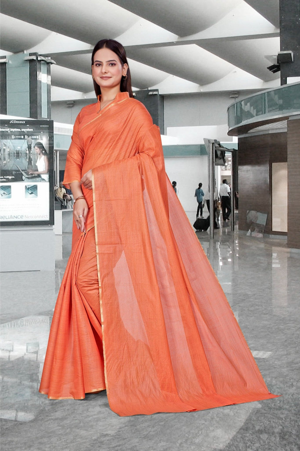 Orange Cotton Silk Workplace Uniform Saree - FeministaCotton Silk