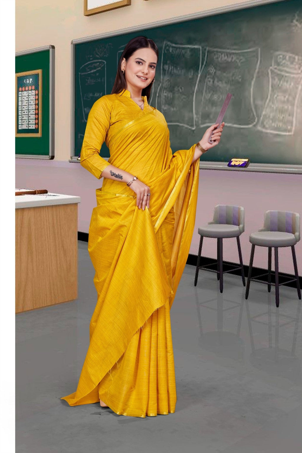 Mustard Cotton Silk Staff Professional Saree - FeministaCotton Silk