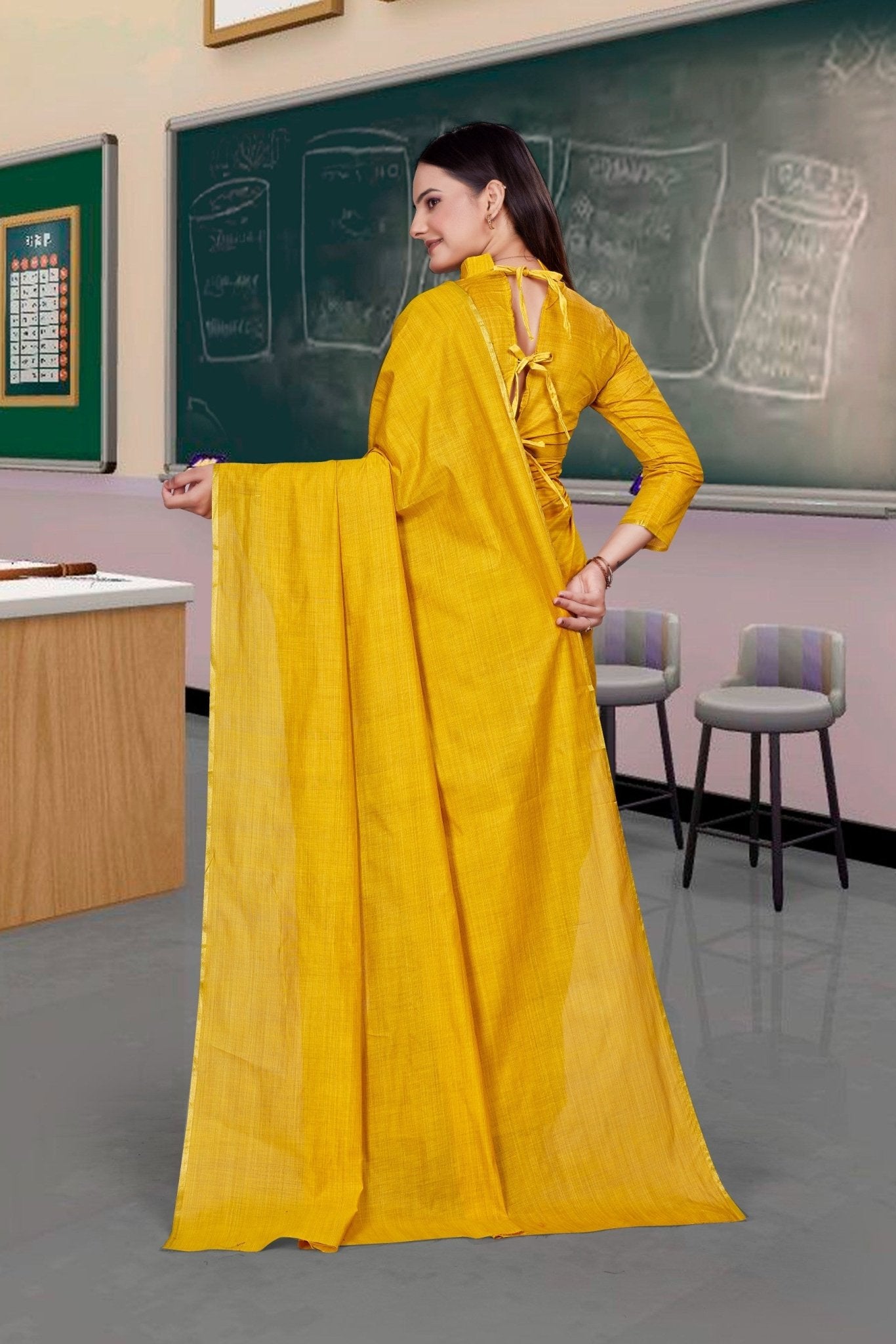 Mustard Cotton Silk Staff Professional Saree - FeministaCotton Silk