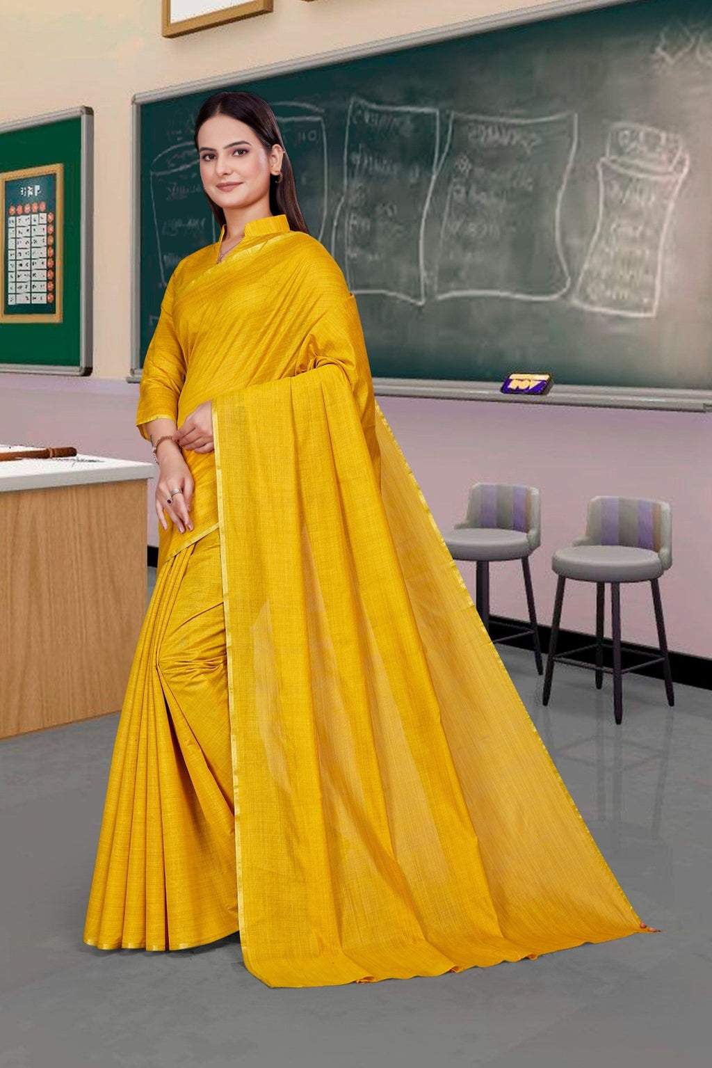 Mustard Cotton Silk Staff Professional Saree - FeministaCotton Silk