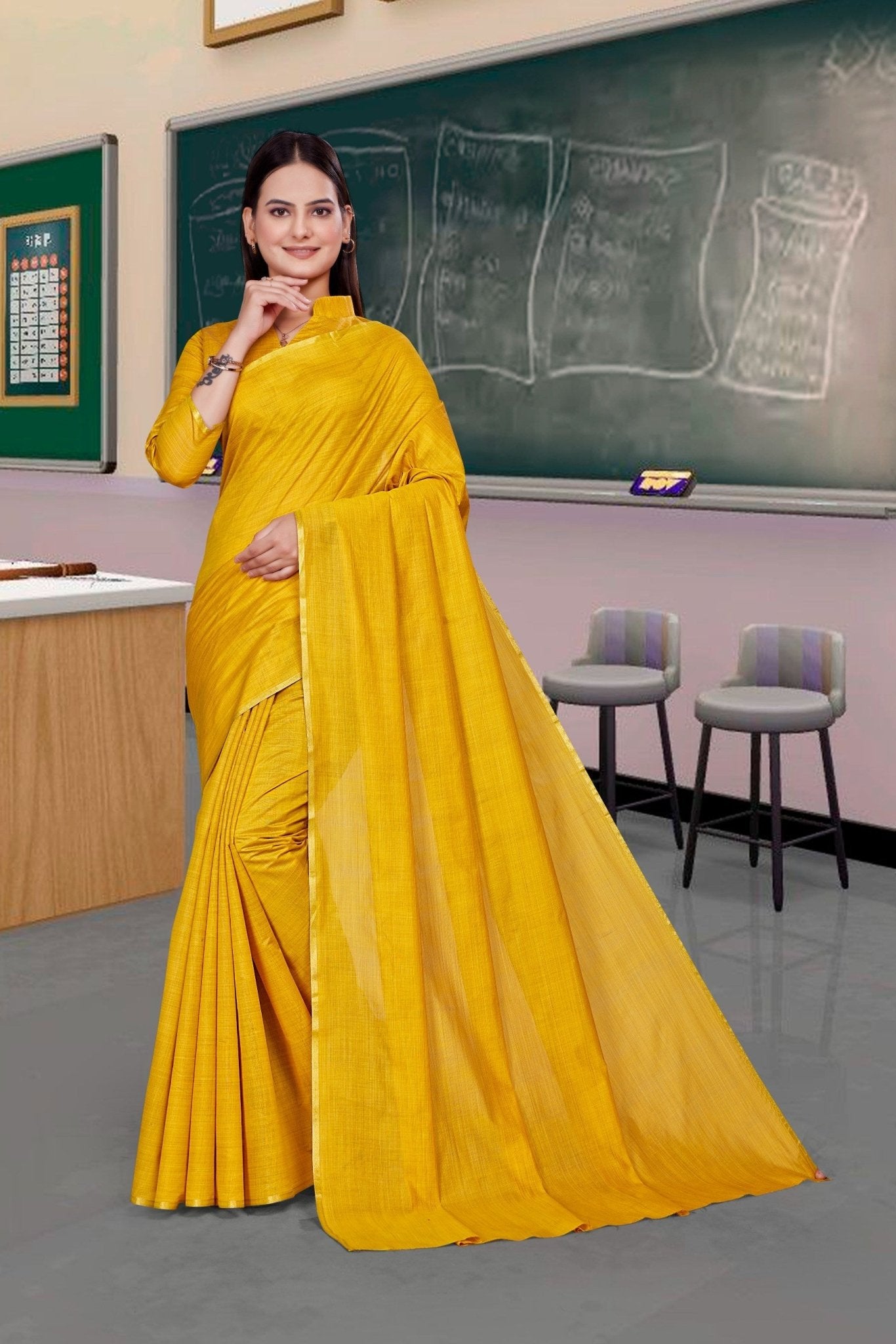 Mustard Cotton Silk Staff Professional Saree - FeministaCotton Silk