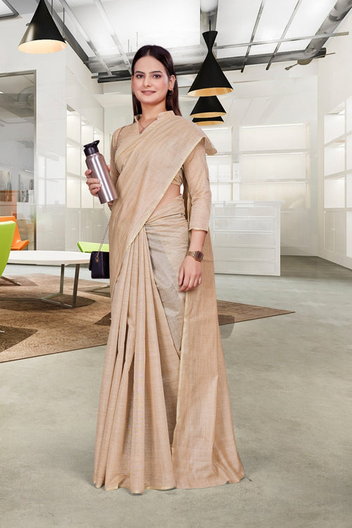 Beige Cotton Silk Formal Professional Saree - FeministaCotton Silk