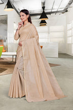 Beige Cotton Silk Formal Professional Saree - FeministaCotton Silk