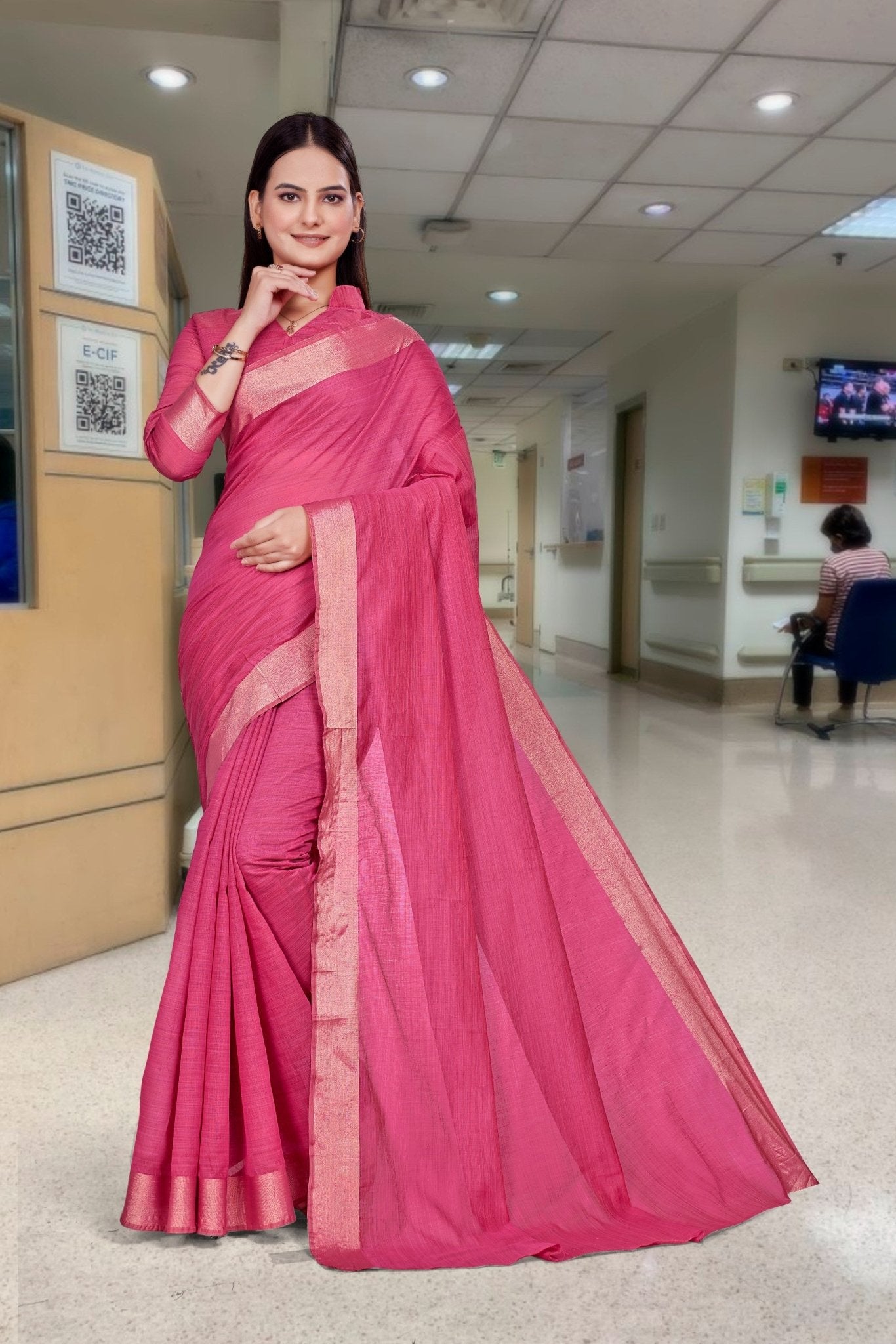 Red Cotton Silk Work Wear Saree for Teachers - FeministaCotton Silk