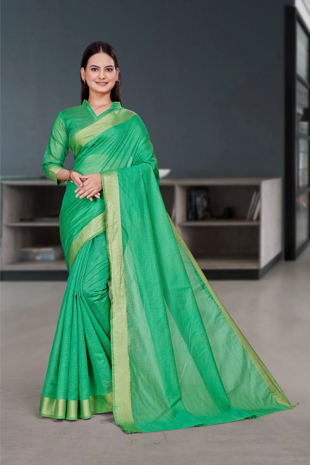 Green Cotton Silk Corporate Professional Saree - FeministaCotton Silk