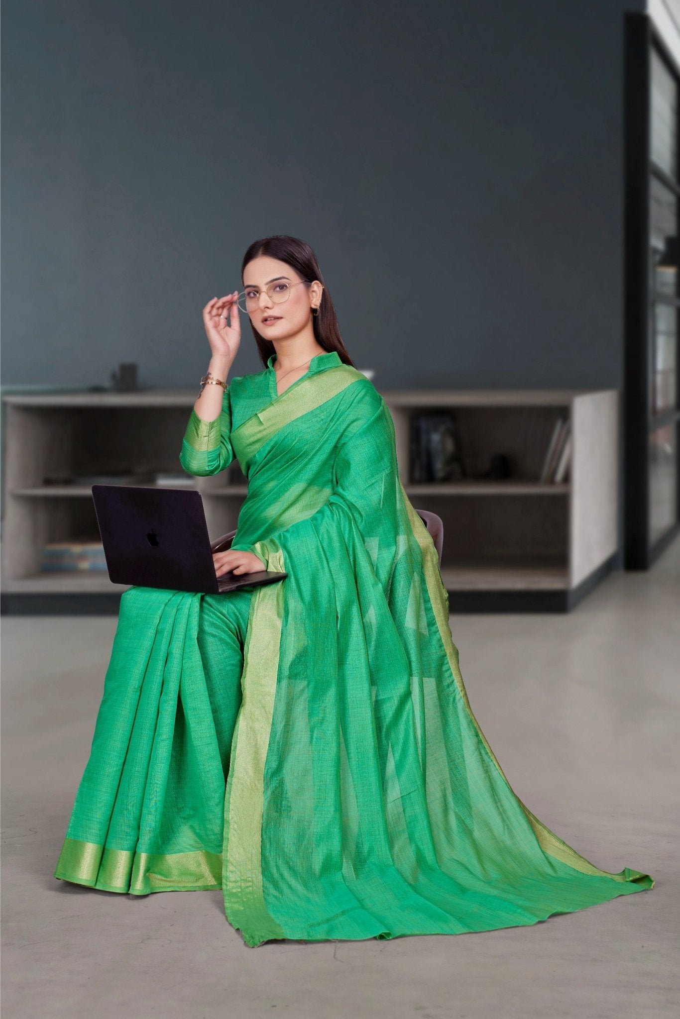 Green Cotton Silk Corporate Professional Saree - FeministaCotton Silk
