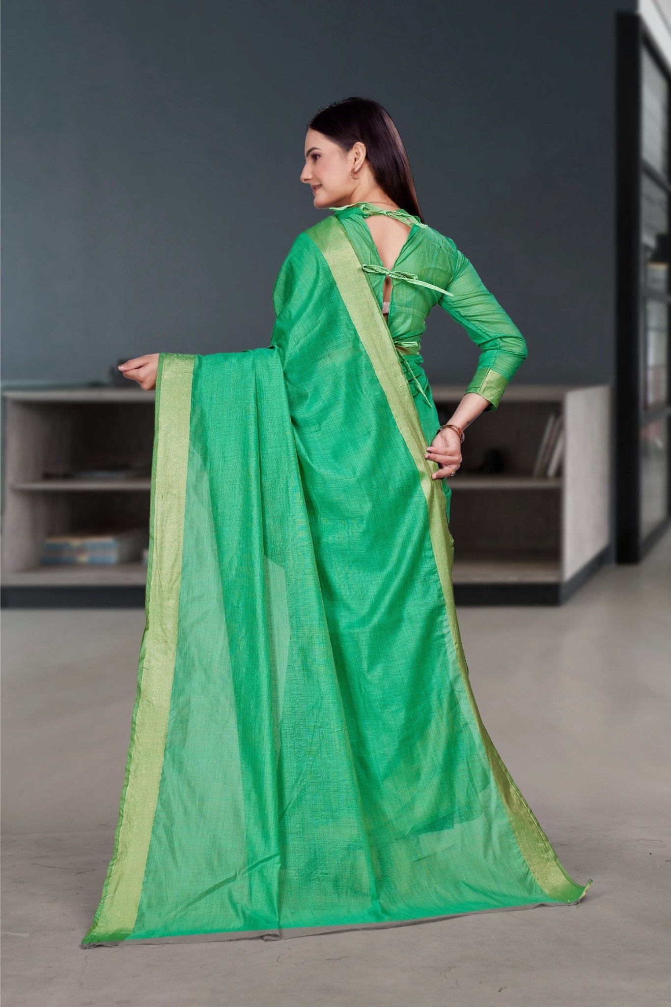 Green Cotton Silk Corporate Professional Saree - FeministaCotton Silk