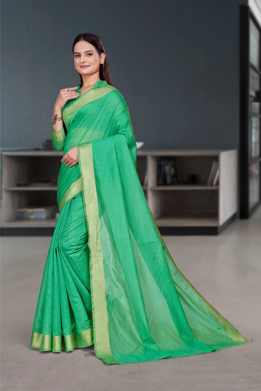 Green Cotton Silk Corporate Professional Saree - FeministaCotton Silk