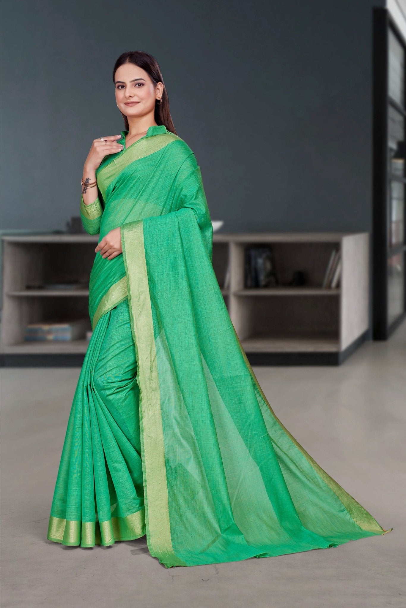 Green Cotton Silk Corporate Professional Saree - FeministaCotton Silk