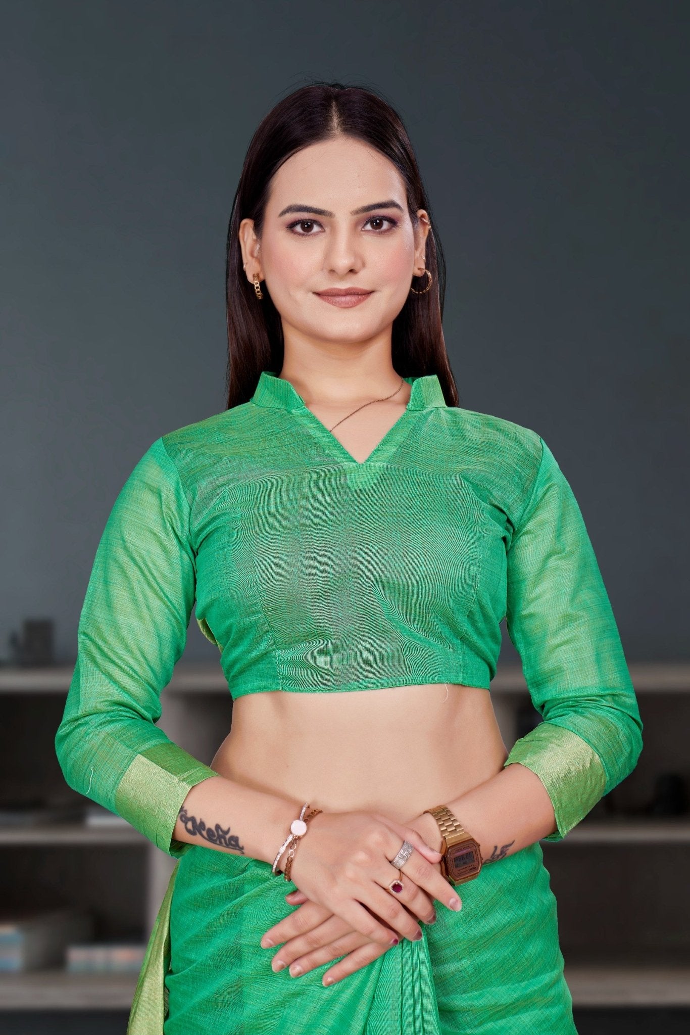 Green Cotton Silk Corporate Professional Saree - FeministaCotton Silk