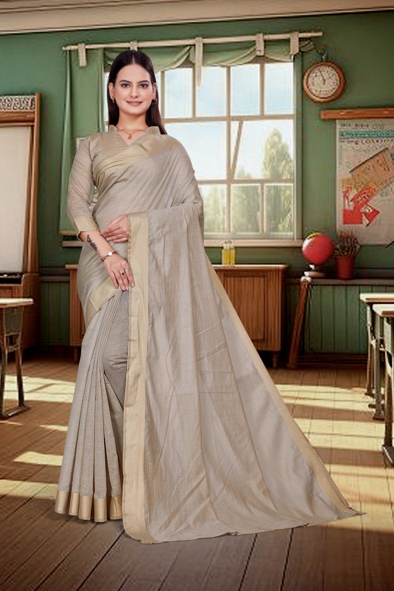Beige Cotton Silk Workplace Formal Saree - FeministaCotton Silk