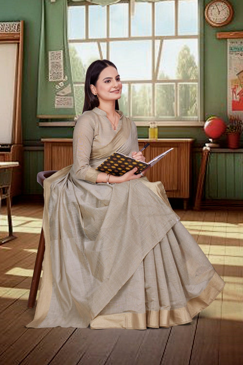 Beige Cotton Silk Workplace Formal Saree - FeministaCotton Silk
