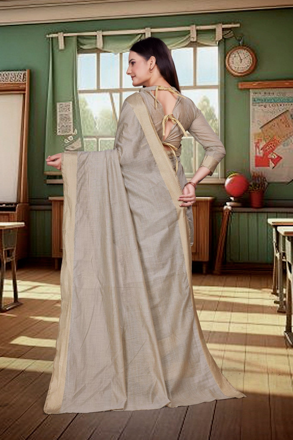 Beige Cotton Silk Workplace Formal Saree - FeministaCotton Silk