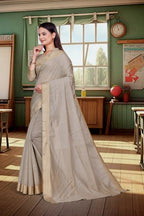 Beige Cotton Silk Workplace Formal Saree - FeministaCotton Silk