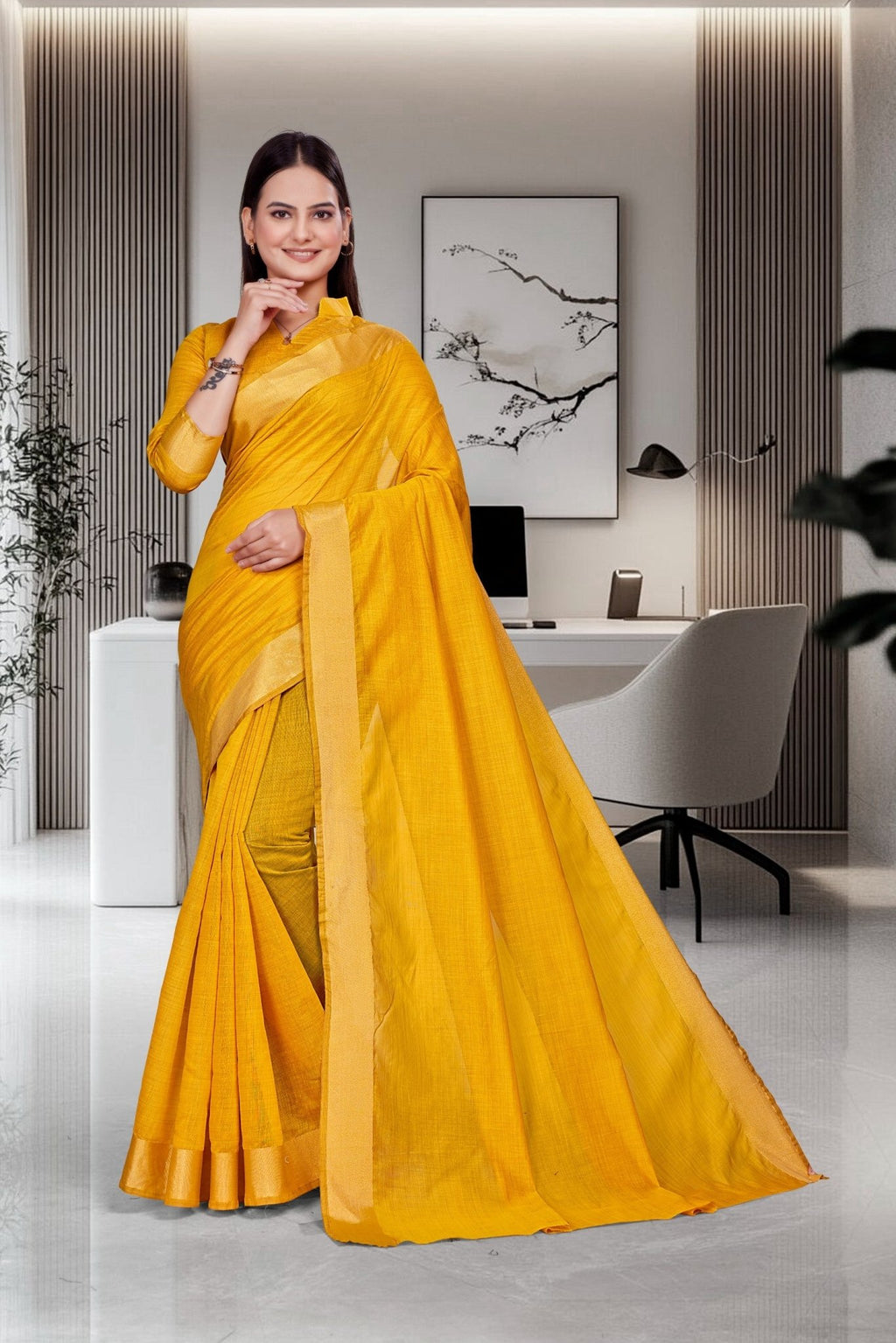 Mustard Cotton Silk Formal Professional Saree - FeministaCotton Silk