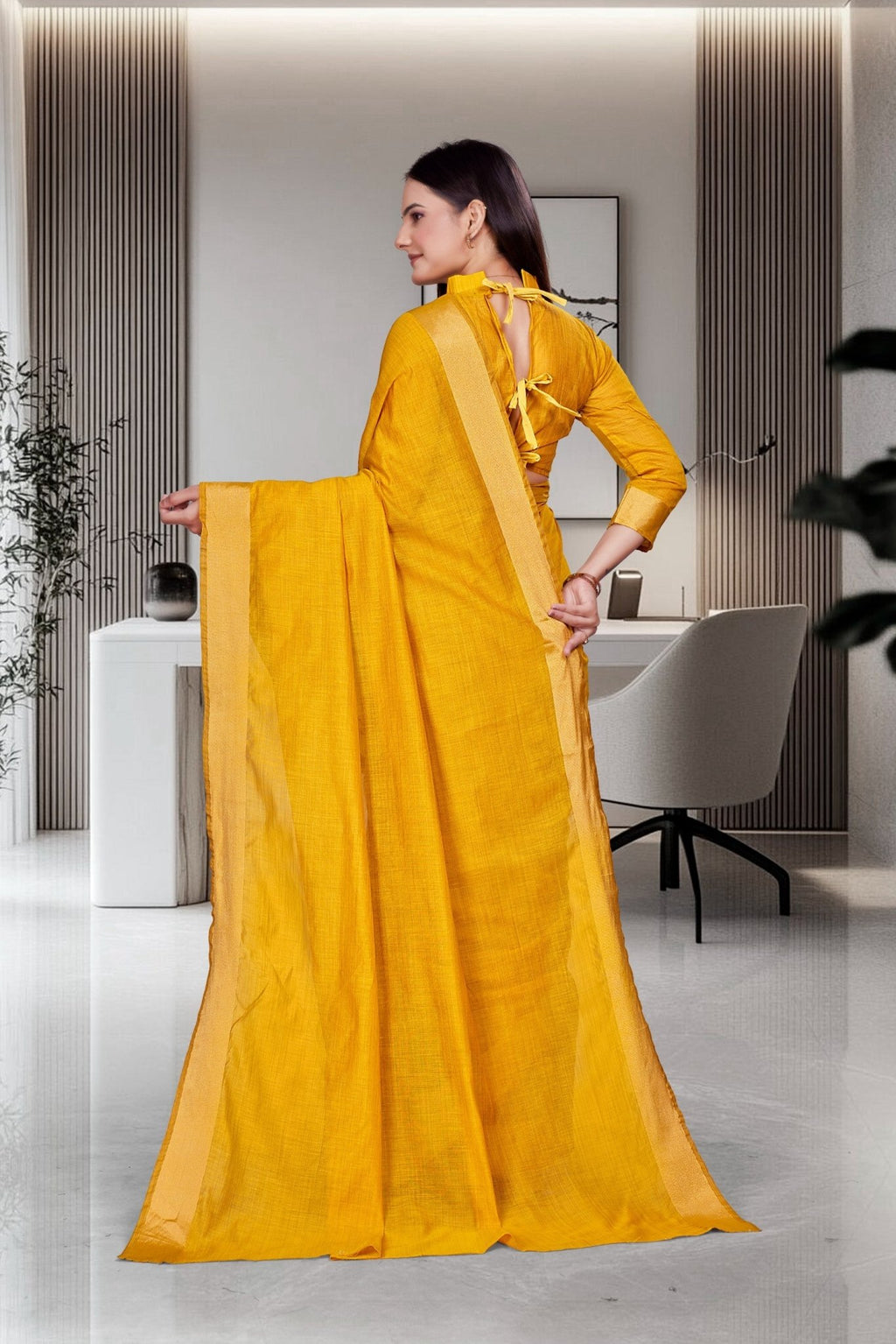 Mustard Cotton Silk Formal Professional Saree - FeministaCotton Silk