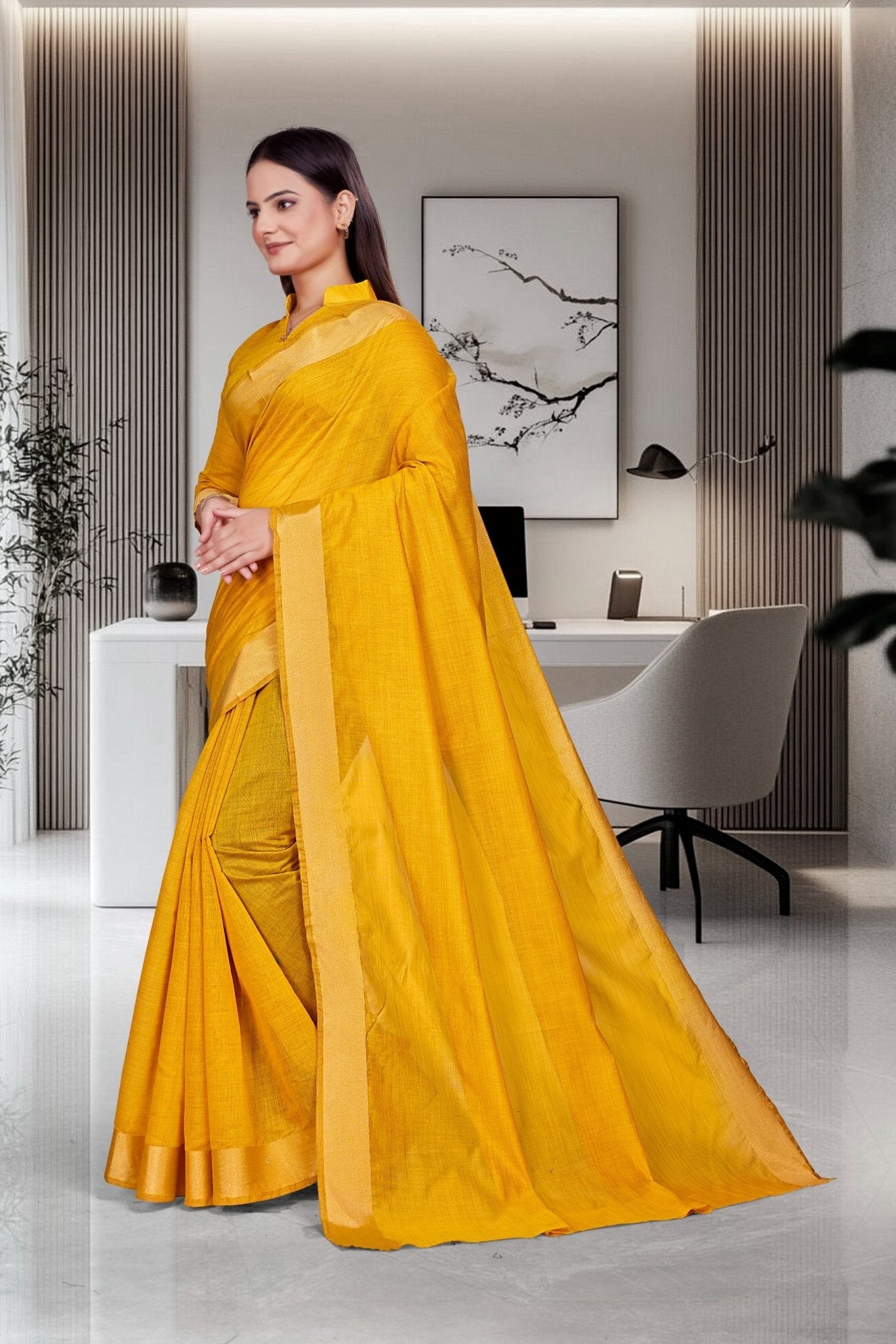 Mustard Cotton Silk Formal Professional Saree - FeministaCotton Silk