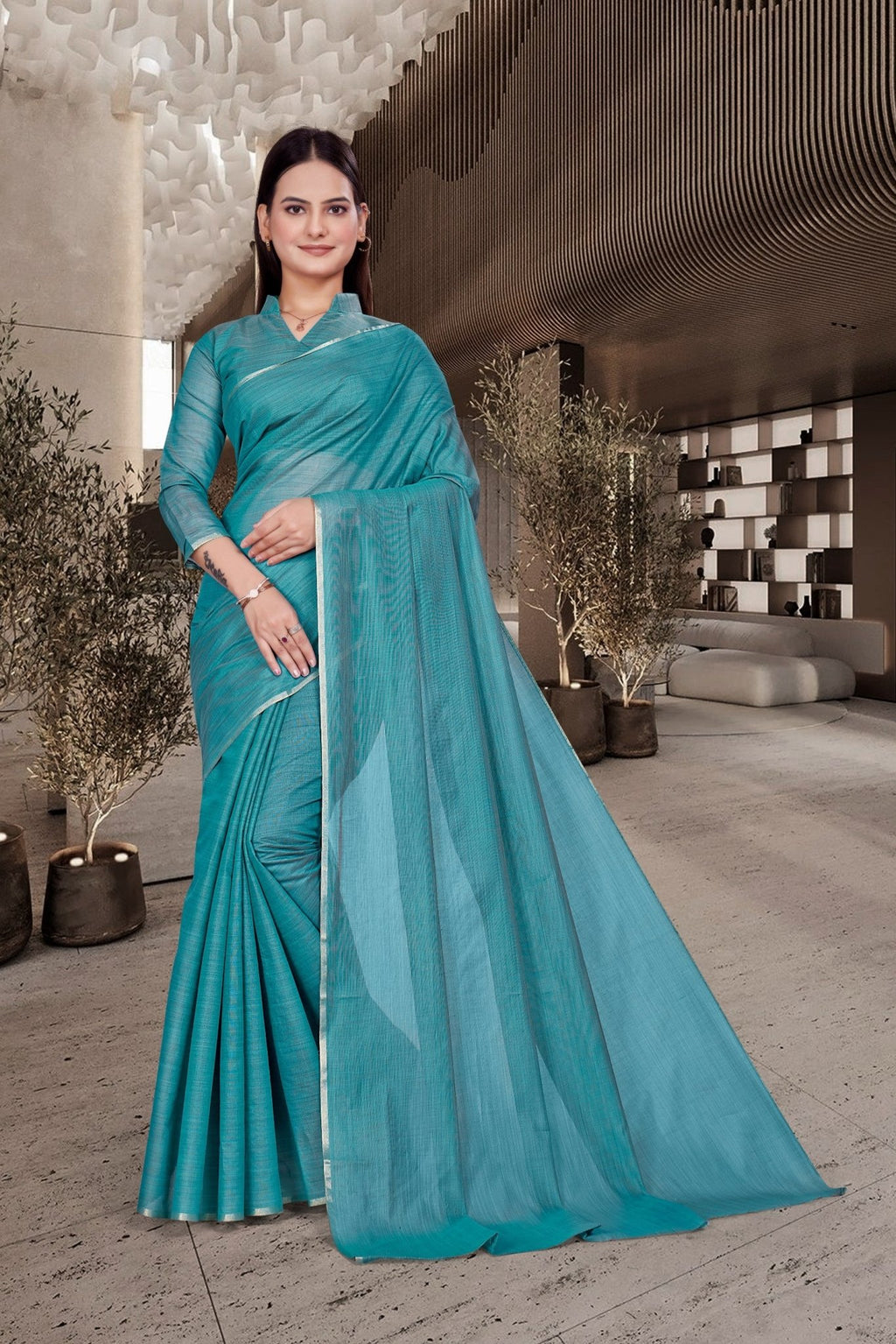 Light Blue Cotton Silk Workplace Uniform Saree - FeministaCotton Silk
