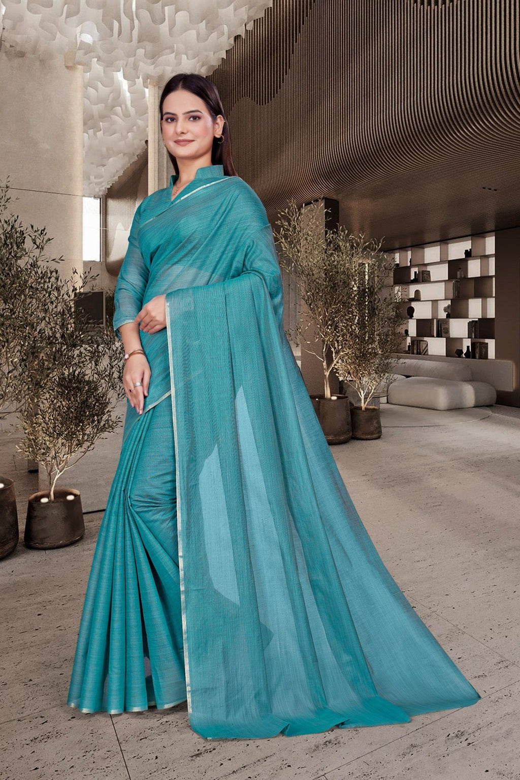 Light Blue Cotton Silk Workplace Uniform Saree - FeministaCotton Silk