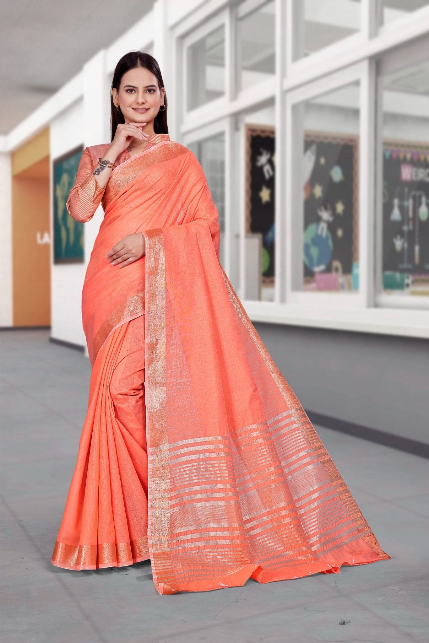 Pink Cotton Silk Workplace Uniform Saree - FeministaCotton Silk