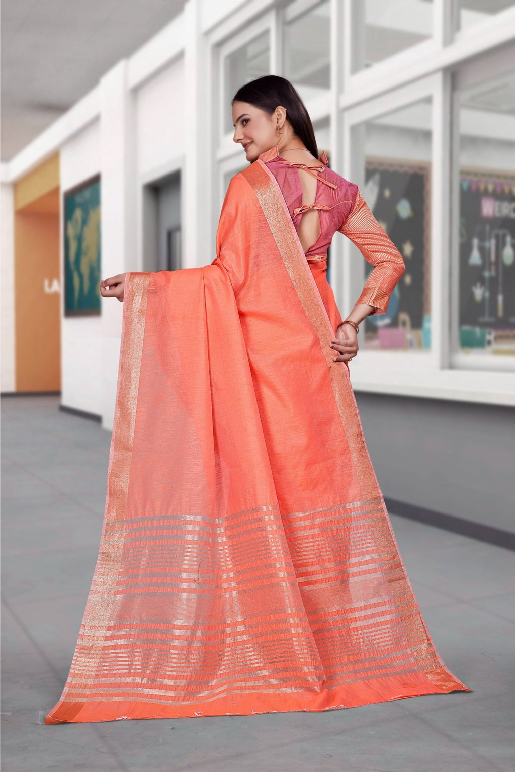Pink Cotton Silk Workplace Uniform Saree - FeministaCotton Silk