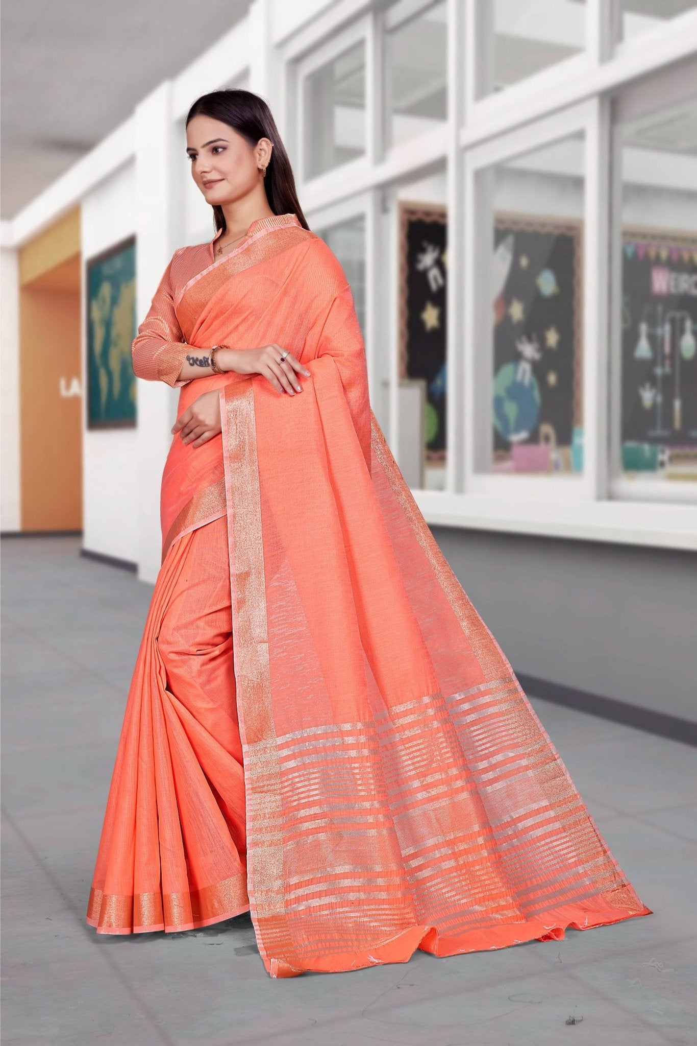 Pink Cotton Silk Workplace Uniform Saree - FeministaCotton Silk