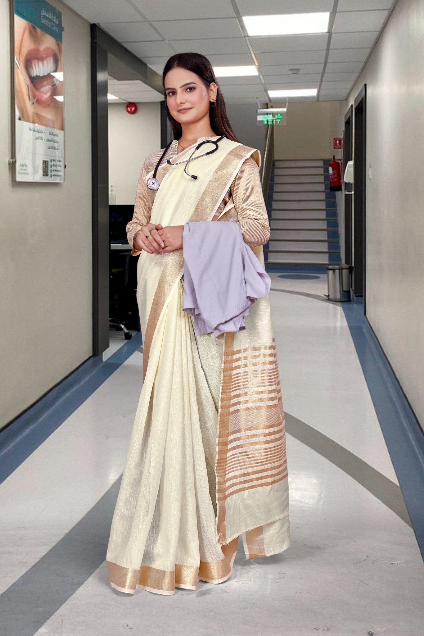 White Cotton Silk Work Wear Uniform Saree - FeministaCotton Silk