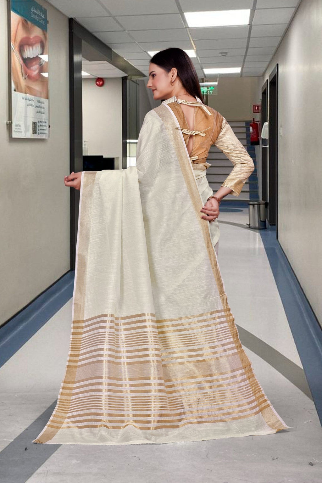 White Cotton Silk Work Wear Uniform Saree - FeministaCotton Silk