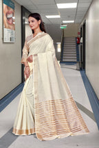 White Cotton Silk Work Wear Uniform Saree - FeministaCotton Silk
