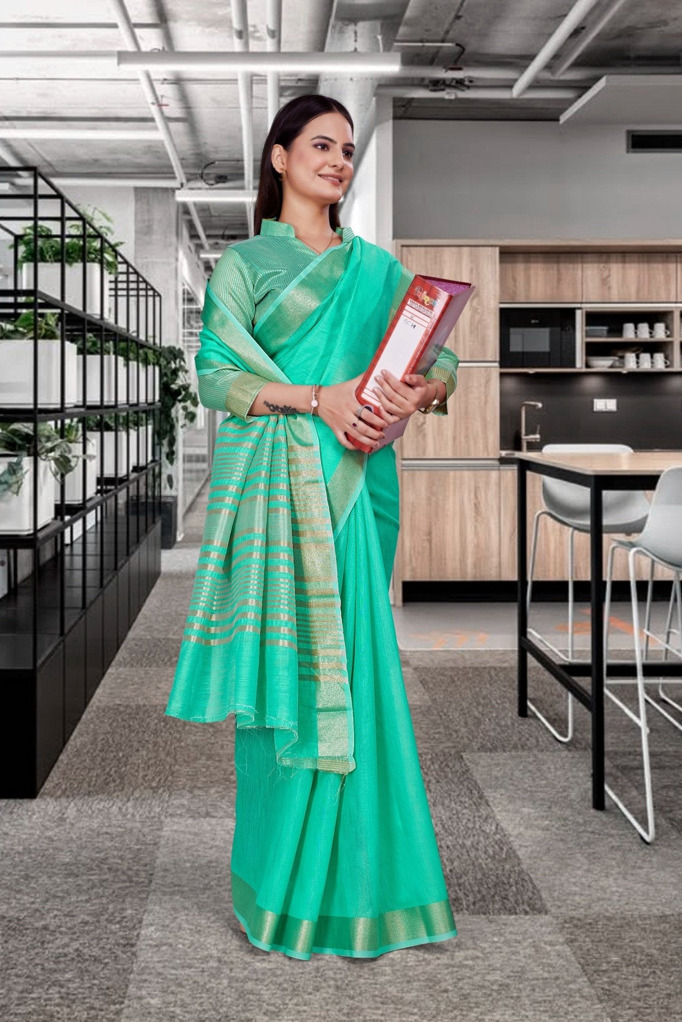 Green Cotton Silk Professional Office Saree - FeministaCotton Silk