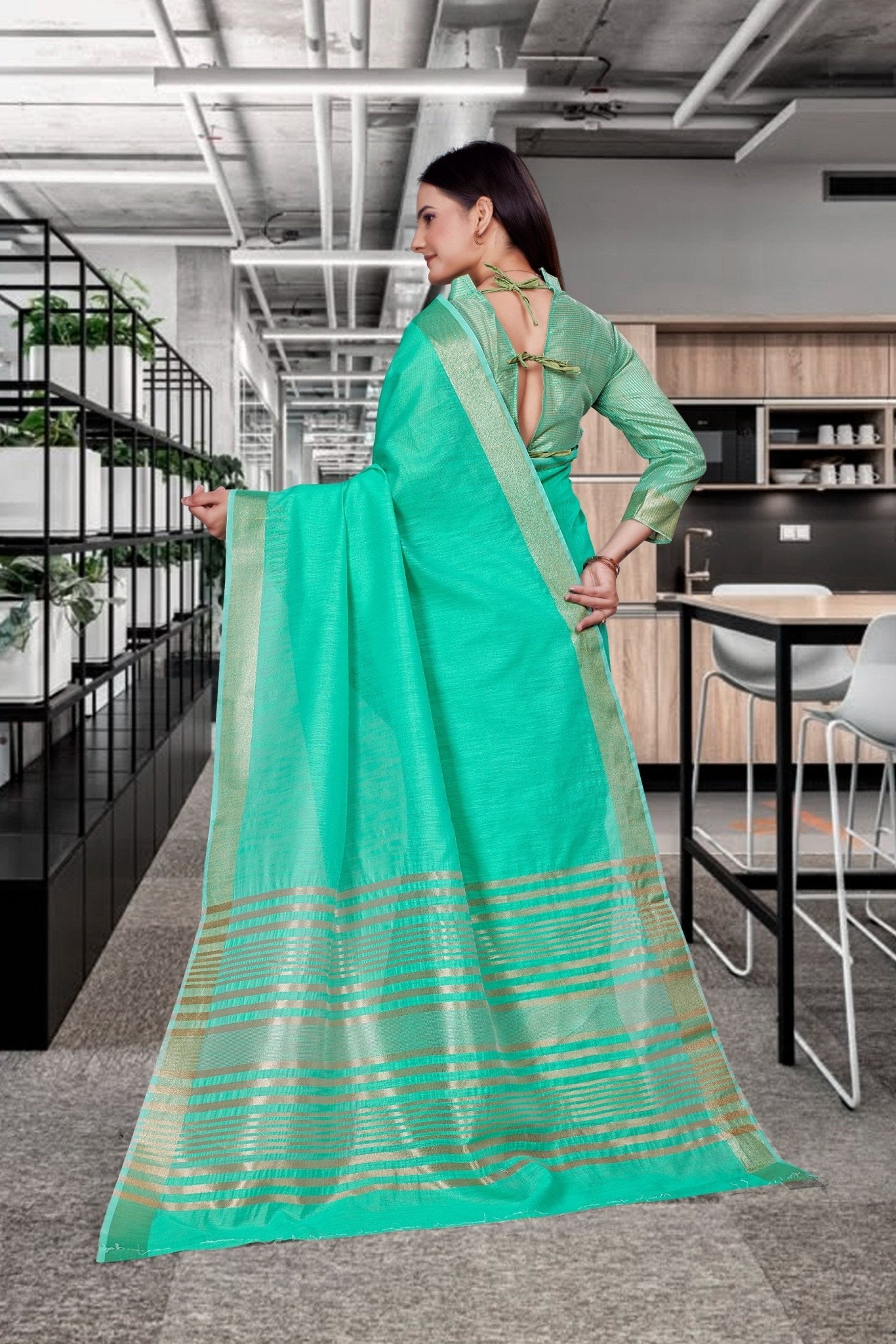 Green Cotton Silk Professional Office Saree - FeministaCotton Silk