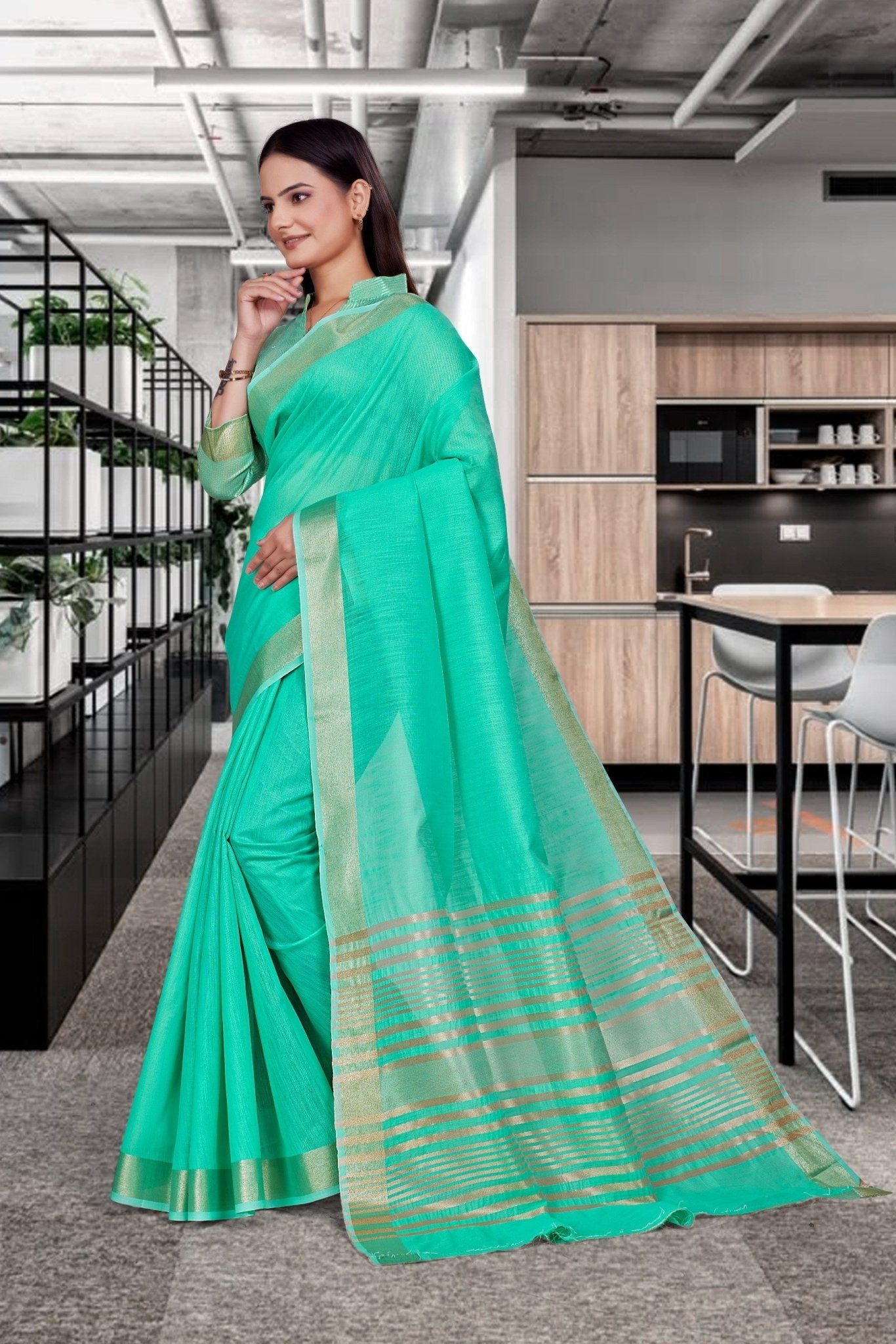 Green Cotton Silk Professional Office Saree - FeministaCotton Silk