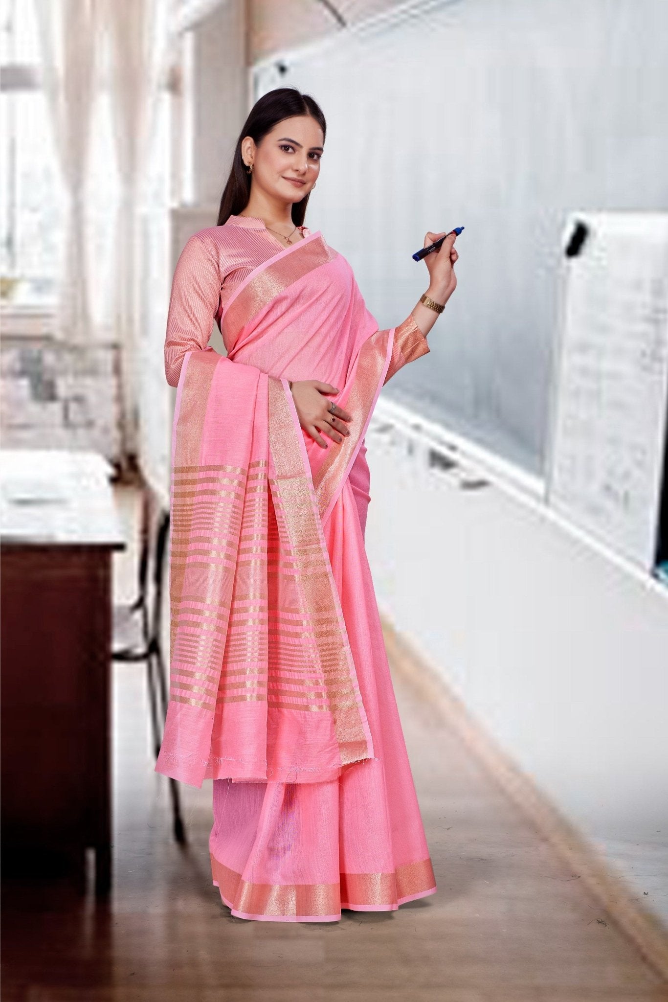 Pink Cotton Silk Business Saree for Professionals - FeministaCotton Silk